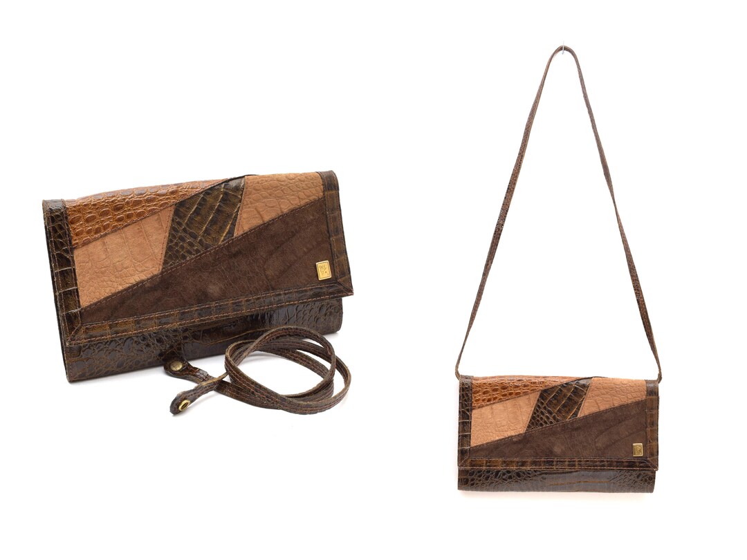 Vintage 1990's Brown Leather Reptile Pattern Shoulder Bag Purse