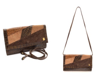 Vintage 1990's Brown Leather Reptile Pattern Shoulder Bag Purse with Removable Snap Button Strap