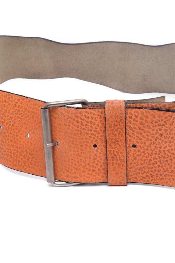 Vintage 80s Orange Wide Belt – Textured Faux Leather, Size 
