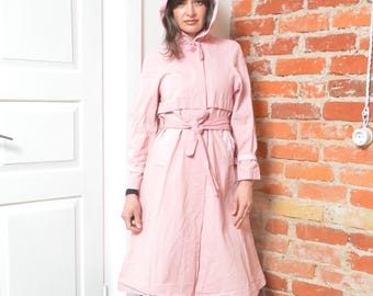 Vintage 80s Pink Hooded Trench Coat – Belted Rain Coat – Women’s Medium