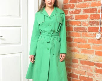 Vintage 80s Green Trench Coat – Belted Lightweight Coat – Women’s M/L