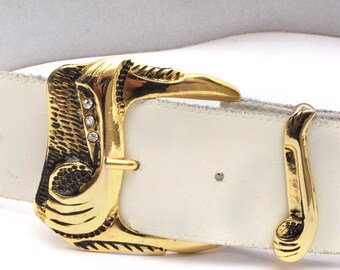 Vintage 90s White Leather Belt With Large Gold Art Deco  display picture 1