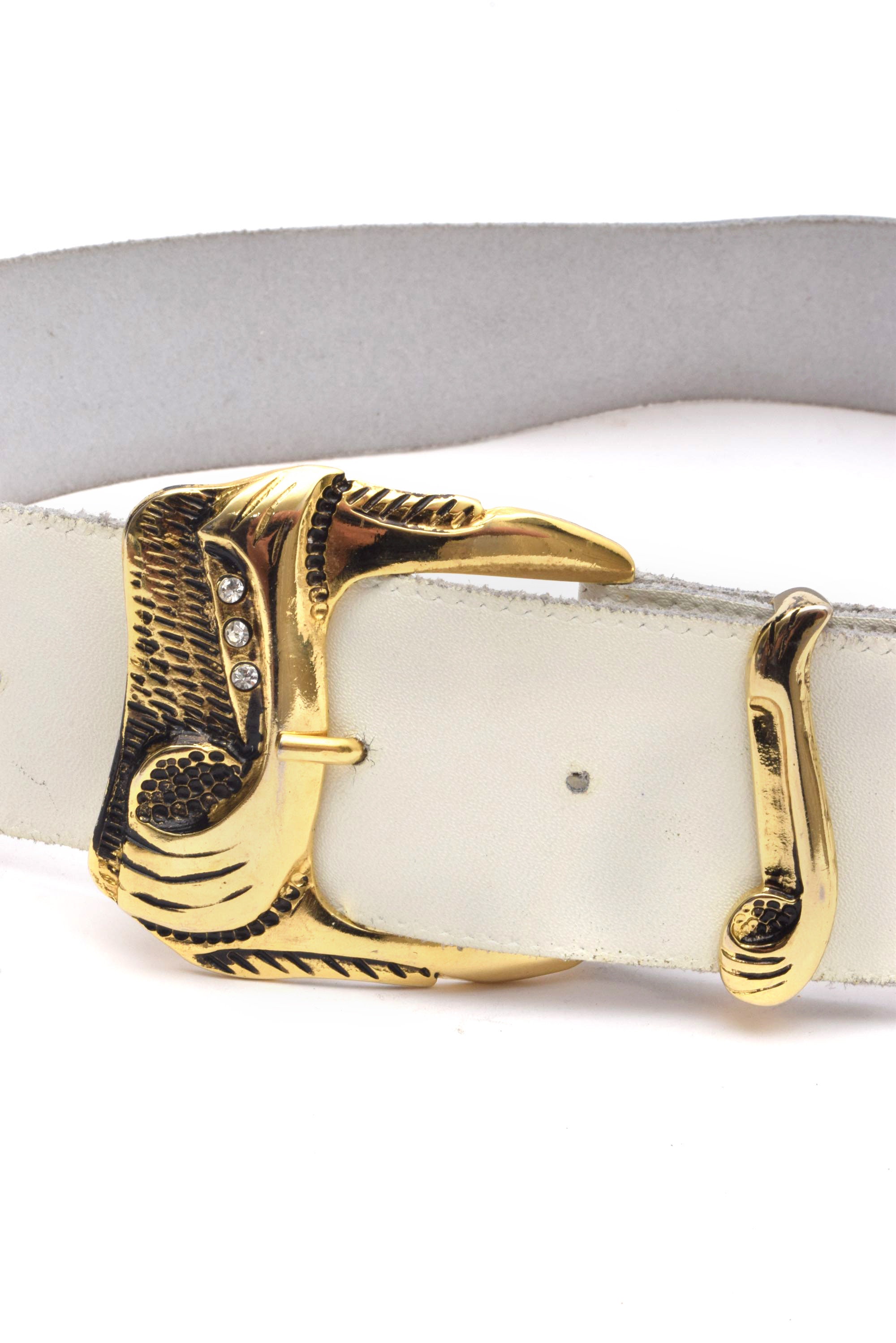 Vintage 90s White Leather Belt With Large Gold Art Deco 