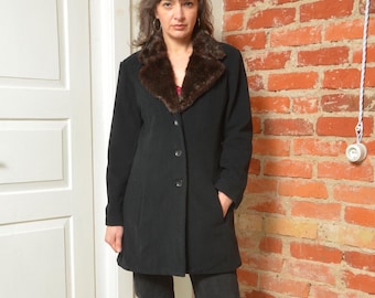 Vintage 90s Black Wool Coat with Brown Faux Fur Collar, Size Medium