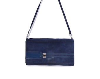 Bolso vintage de piel de ante azul oscuro de los años 80 con cierre dorado