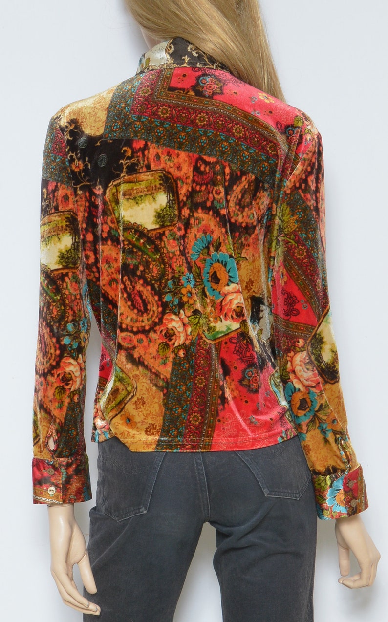 Velvet Button Top Vintage 90s Floral Colorful Long Sleeve Shirt Blouse Size Large