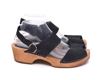 Moheda 90er Jahre Schwedische Clogs Schwarz Wildleder Gr.39 Holzsandalen