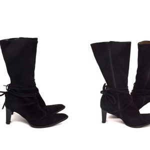 Vintage 90's Black Suede Leather Boots - Ties Around Calf Pointy Toe High Heels - Size 37 EU