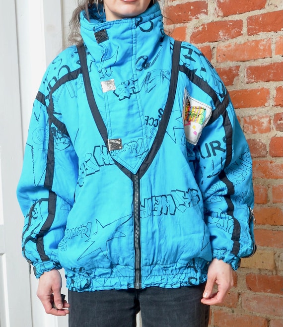 Vintage 80s Blue Ski Jacket Graphic Print Winter Coat – Size Large