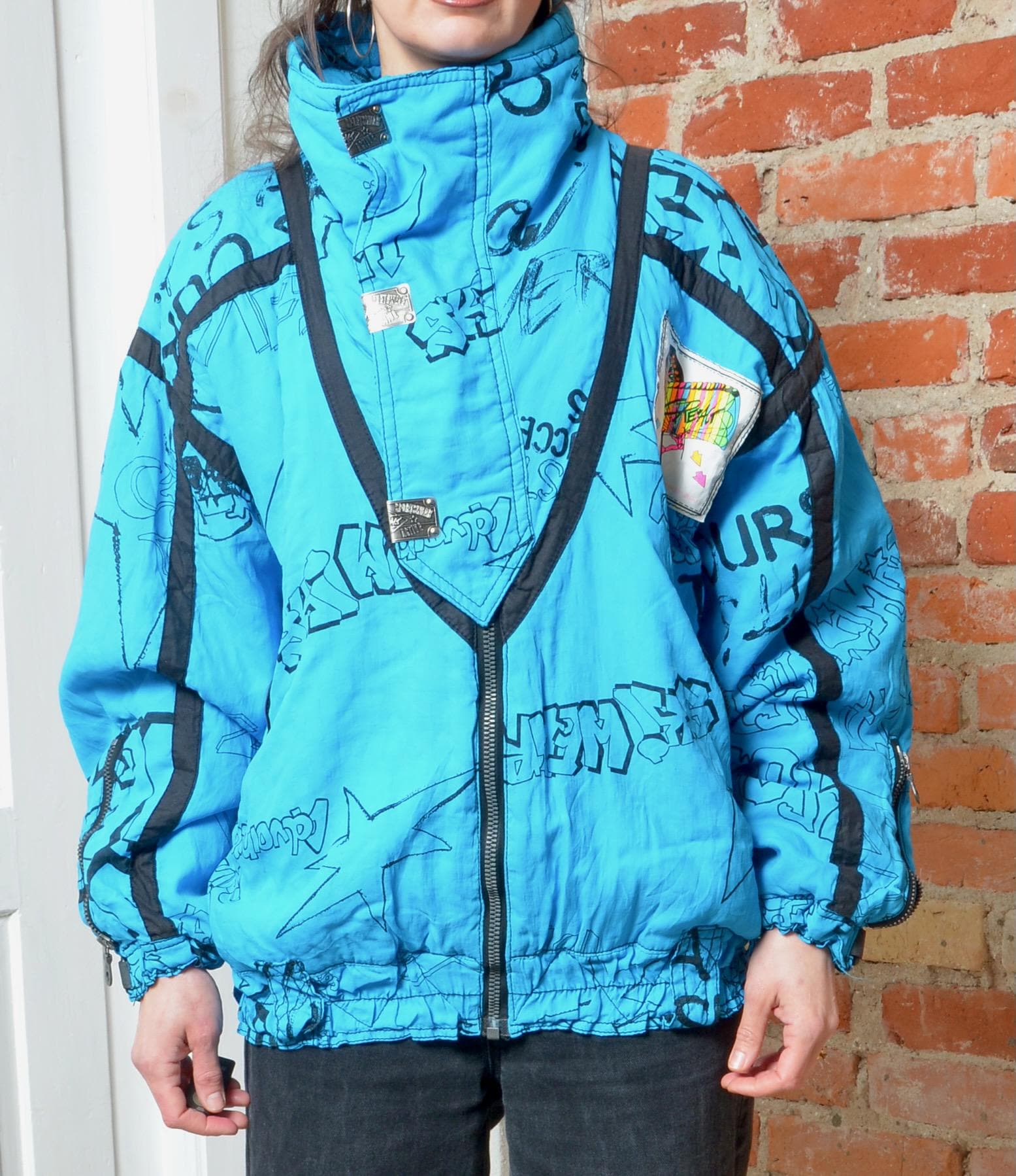 Vintage 80s Blue Ski Jacket Graphic Print Winter Coat – Size Large
