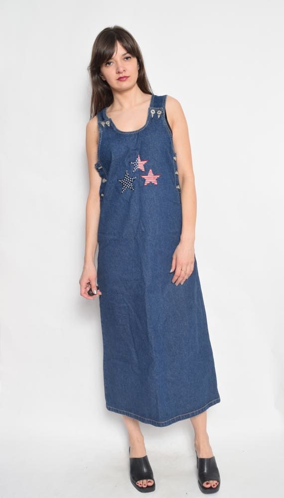 Vintage 90's Denim Overall Dress / Blue Denim Max… - image 2