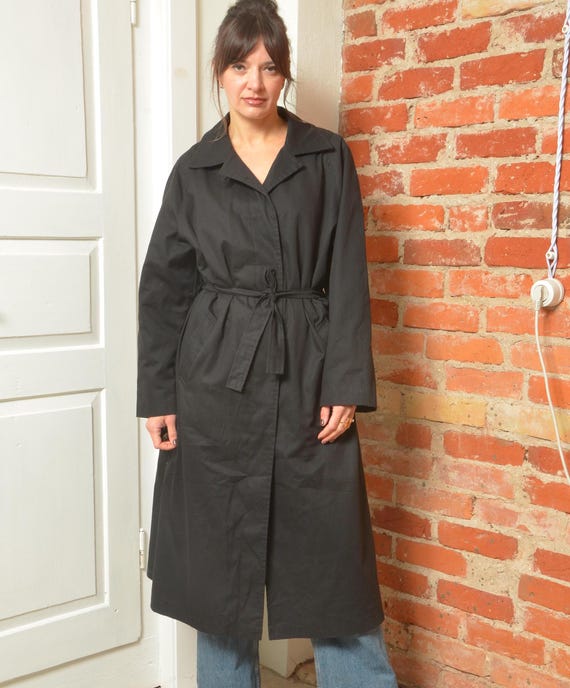 Vintage 80s Black Long Trench Coat Fur Lined Belted Winter Coat XL