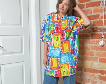 Vintage Abstract Print Shirt – Size Large, Colorful 90s Button-Up, Unisex Oversized Art Shirt