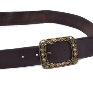 Vintage 90&#39;s  Real Leather Belt with Large Brass Metal Buckle and Rhinestones