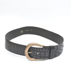 Vintage 90&#39;s Black Leather Reptile Print Belt with Curved Silver and Bronze Metal Buckle
