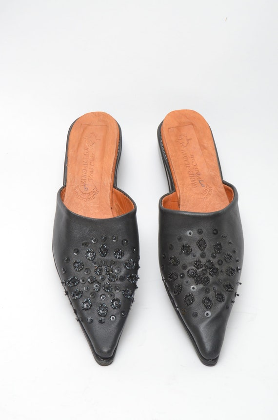 Vintage 90's Black Leather Pointy Toe Slip On San… - image 8