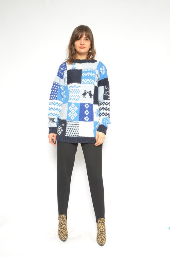 Winter Wool Sweater / Vintage 90s Patchwork Multi… - image 9