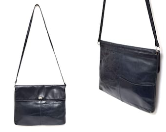 Vintage 90's Dark Blue Soft Leather Shoulder Bag Purse