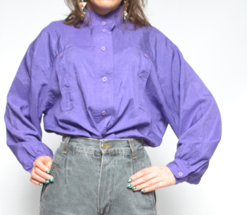 Big Sleeve Button Blouse Vintage 80s Oversized Silk Like Long Sleeve Purple Shirt Large Sleeve Top Size Extra Large