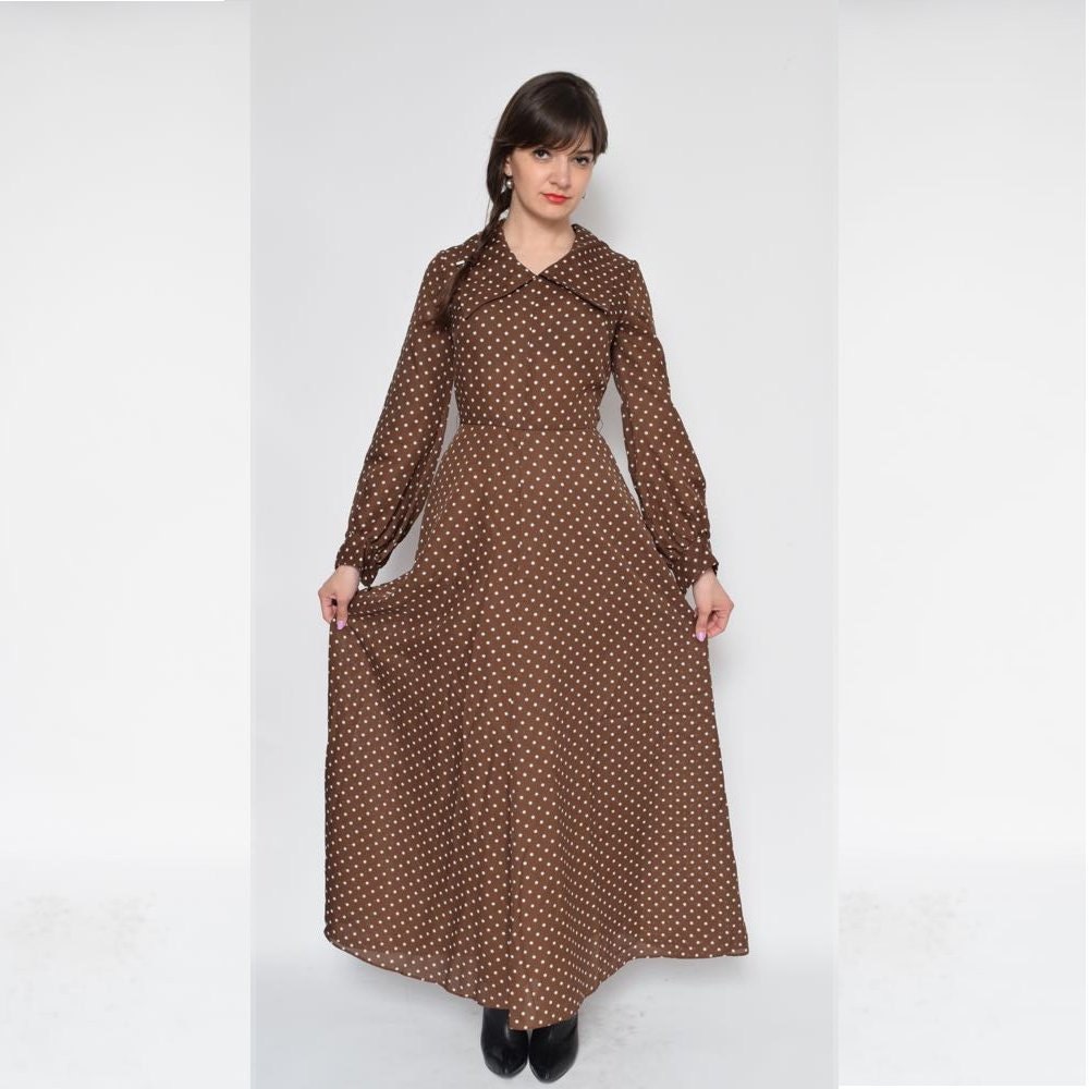 70s polka dot print dress brown cotton  m-l