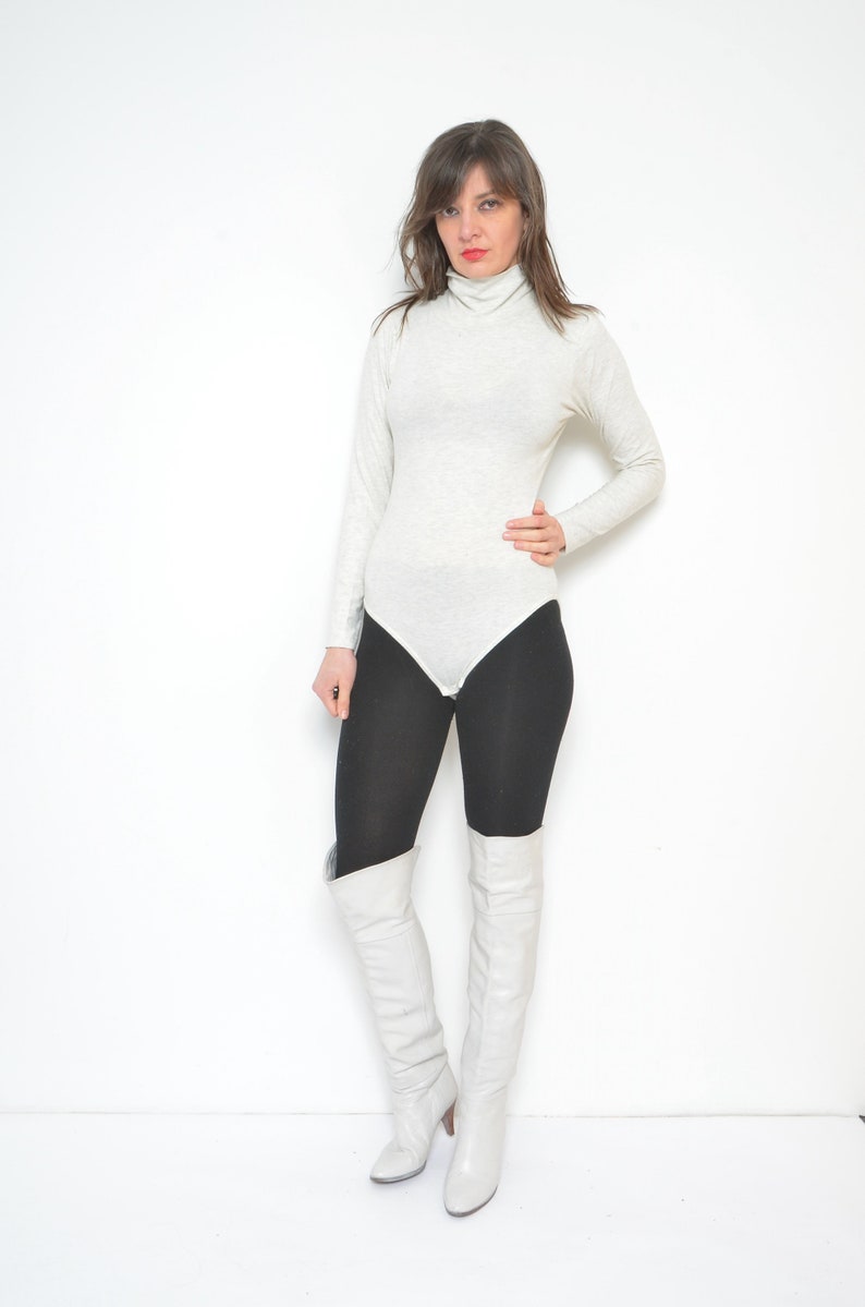 Vintage 90s Turtleneck Leotard / High Neck Gray Long Sleeve Bodysuit / Sports Top image 7