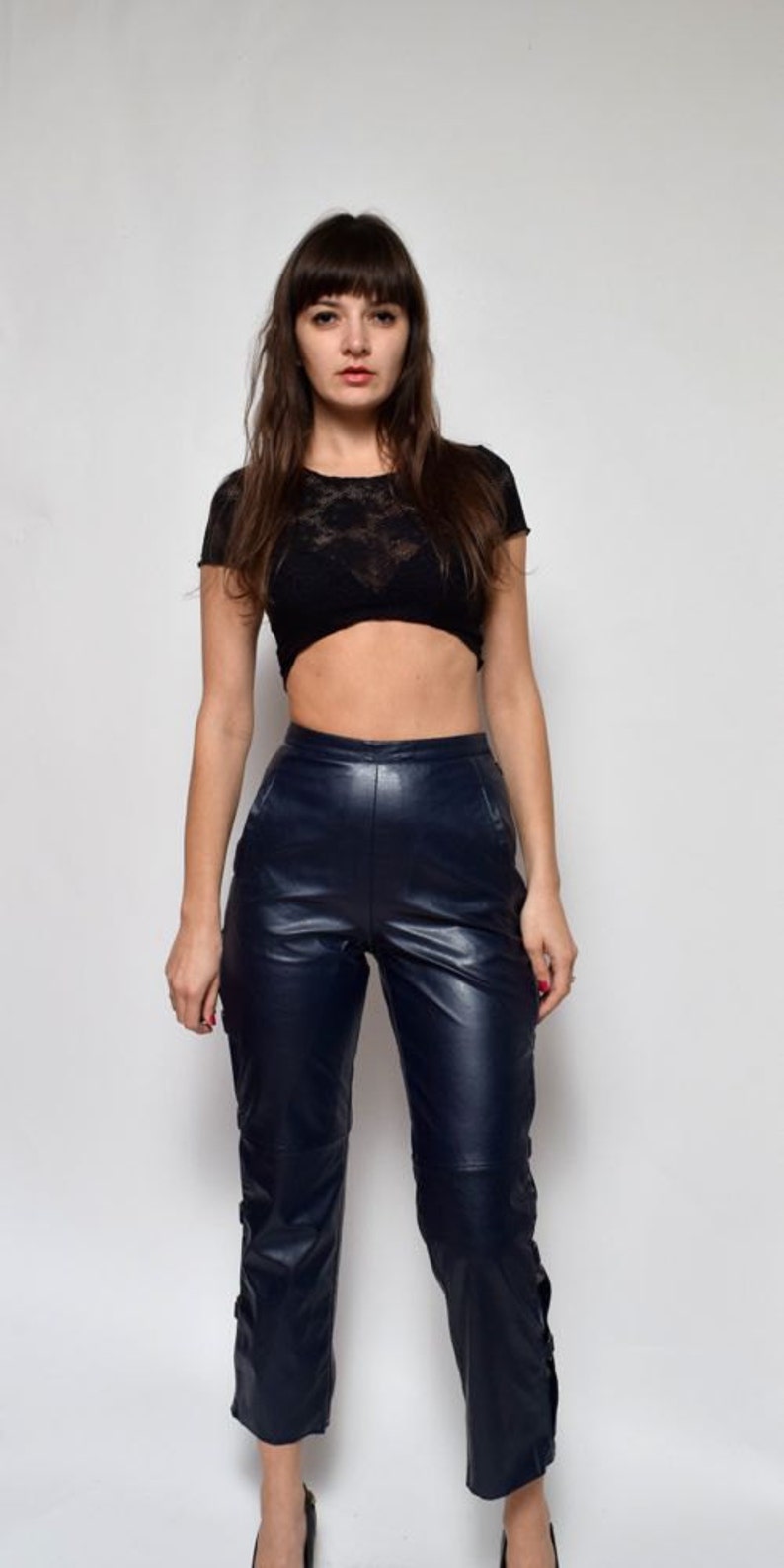navy blue leather pants