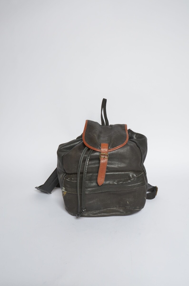 Large Vintage 90/'s Real Leather Black Backpack