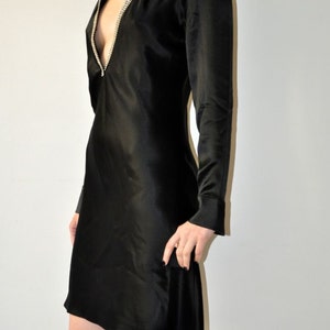Satin Deep V-Neck Dress / Vintage 90's Black Evening Cocktail Long Sleeve Dress image 4