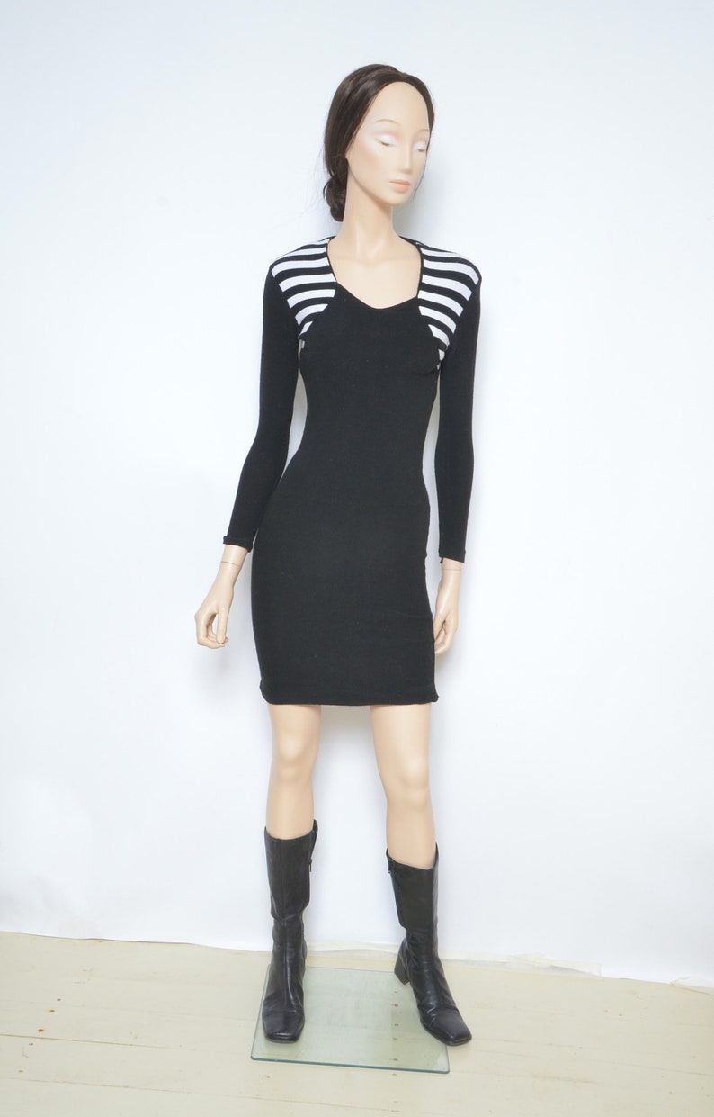 Size Small Ribbed Dress Vintage 90/'s Long Sleeve Striped Tight Dress