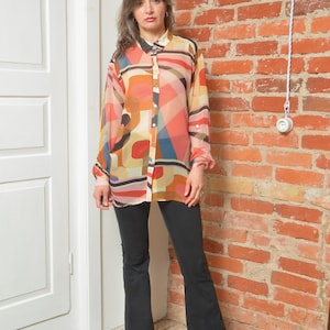 Vintage 90s Abstract Geometric Mesh Blouse – Bright Pink Sheer Long Sleeve Button-Up Top – Size Medium