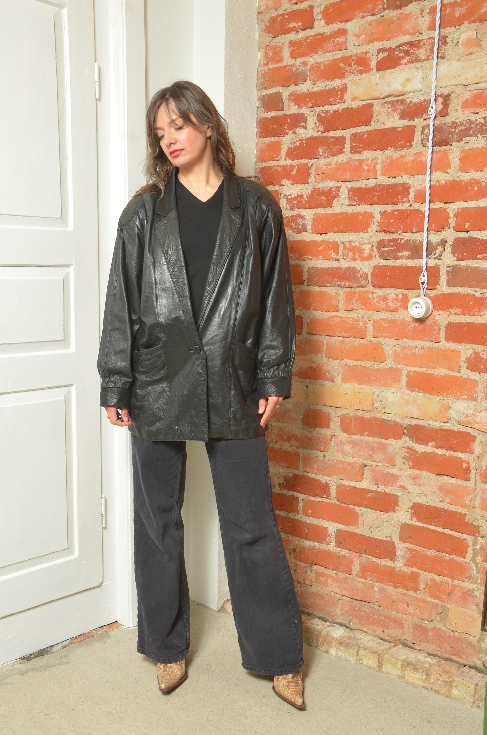Vintage 80s Oversized Real Leather Blazer – Big Sleeves, Single