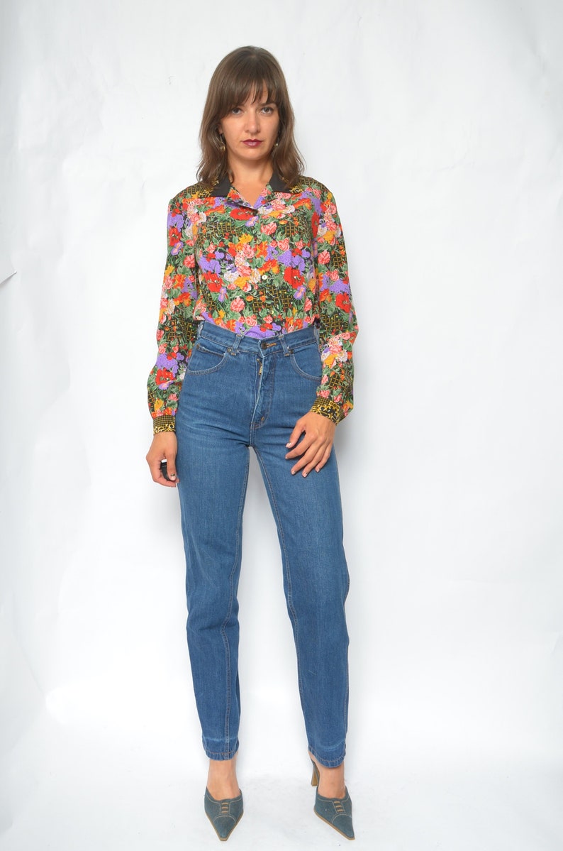 Floral Baroque Button Shirt Vintage 80s Long Sleeve Flower Print Blouse Size Large