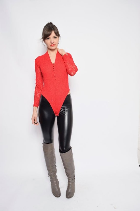 Vintage 90's Lace Red Leotard / Red Long Sleeve Le