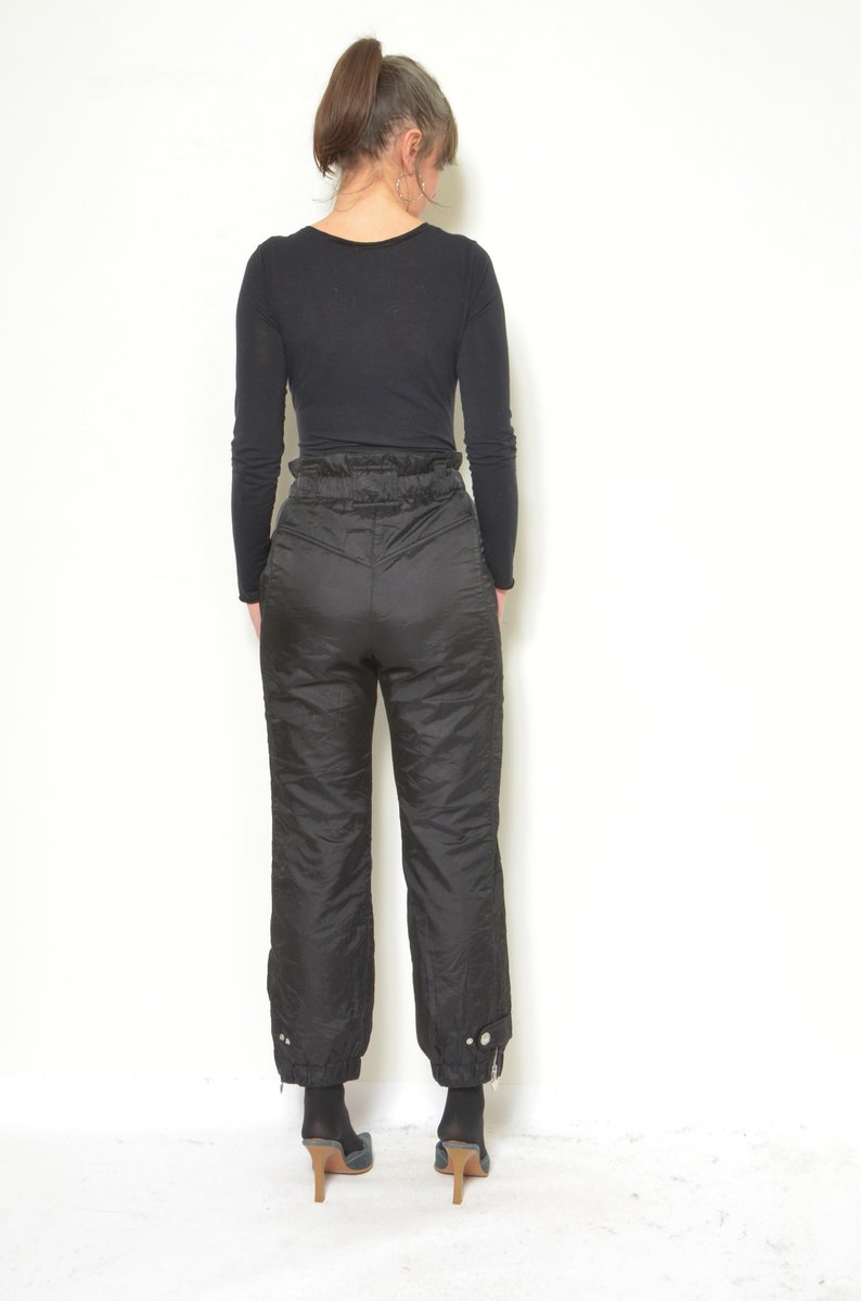 80's Ski Pants / Vintage Skiing Snowboarding Elastic Waist Glossy Black Pocket Sports Trousers Size Small image 7