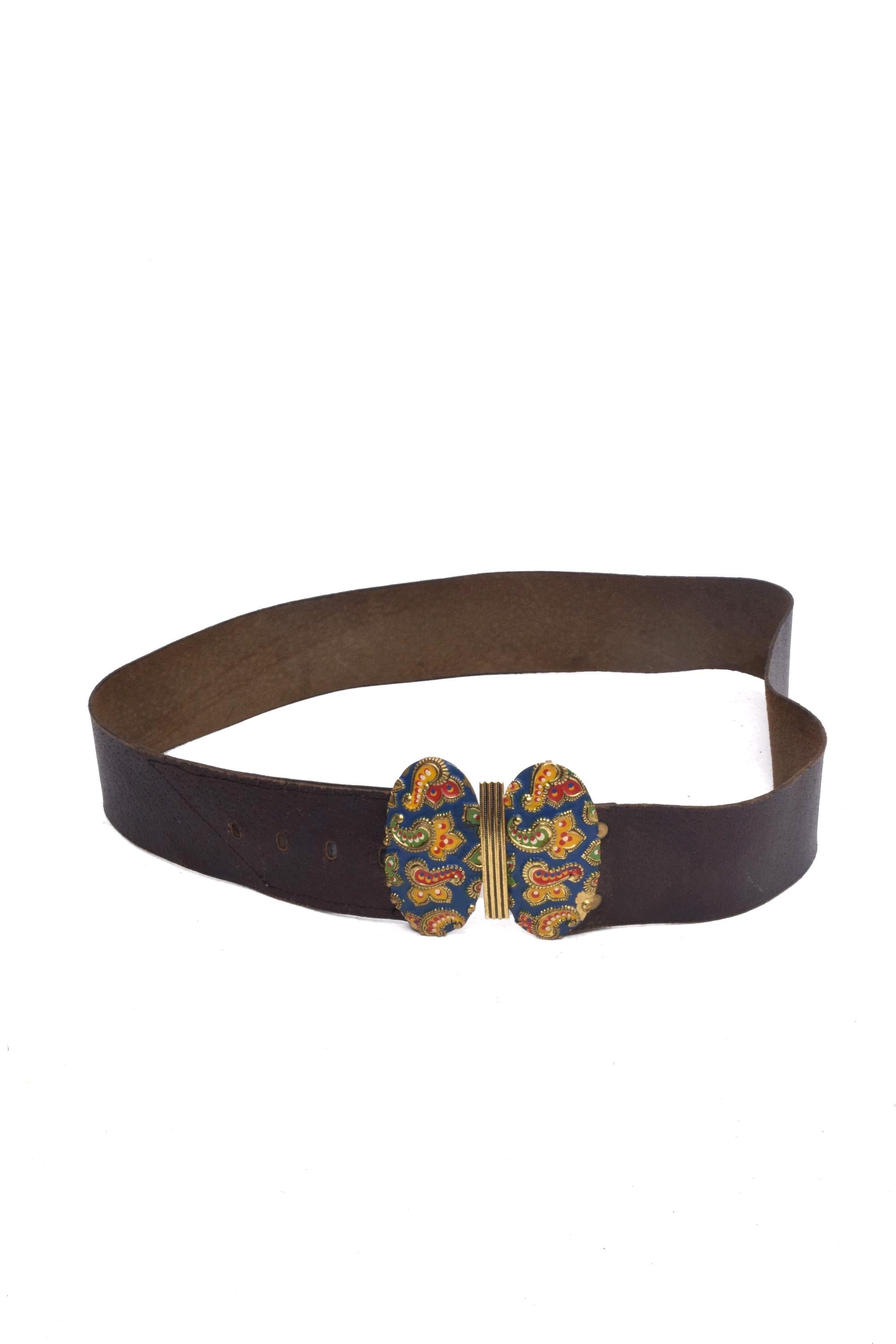 【BROWN】Paisley hook belt Vintage 90's Wide Brown Leather Belt With Large Colorful Paisley