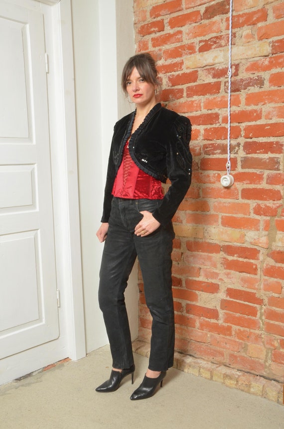 Vintage 80s Sequin Velvet Bolero Cropped Jacket Size Small UK