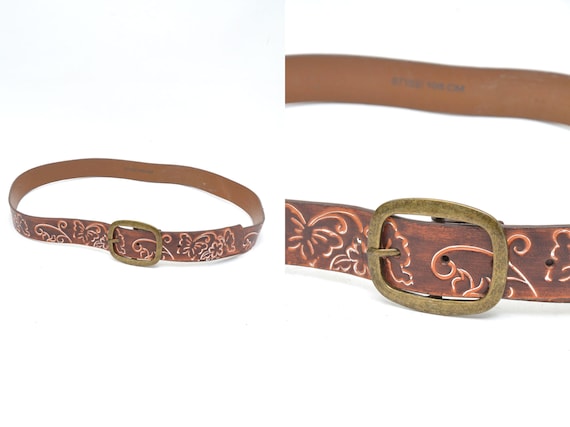 Vintage Brown Leather Belt with Floral Design and brass buckle Vintage B-LOW the Belt 34in Oversized Brass Buckle Wide Soft  main image 4