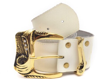 Vintage 90s White Leather Belt With Large Gold Art Deco  display picture 2
