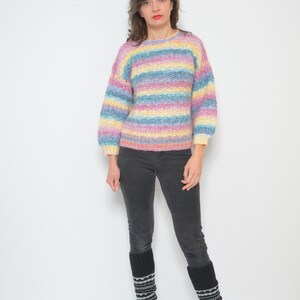 Pastel Rainbow Sweater / Vintage 90s Crochet Colorful Oversized Pullover Size Small image 8