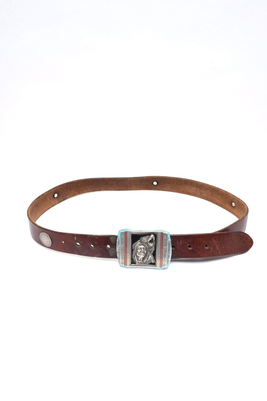 Vintage 90s Brown Leather Belt: Native American Silver Bear Buckle