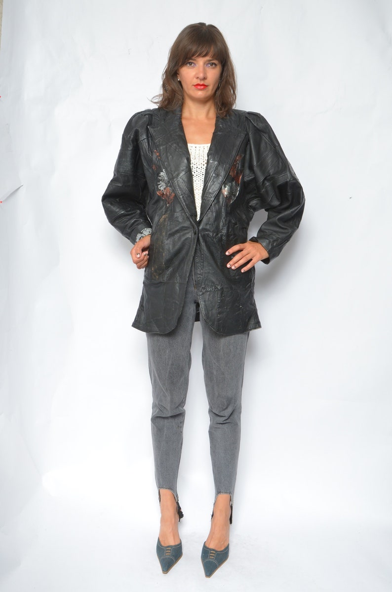 Patchwork Real Leather Oversized Jacket Vintage 80s Big Sleeve One Button Embellished batwing Genuine Leather Jacket Size Small