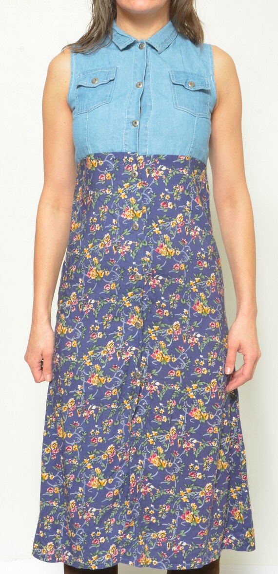 Vintage 90s Denim Floral Maxi Dress - Sleeveless Grunge Jean Dress, Extra Small