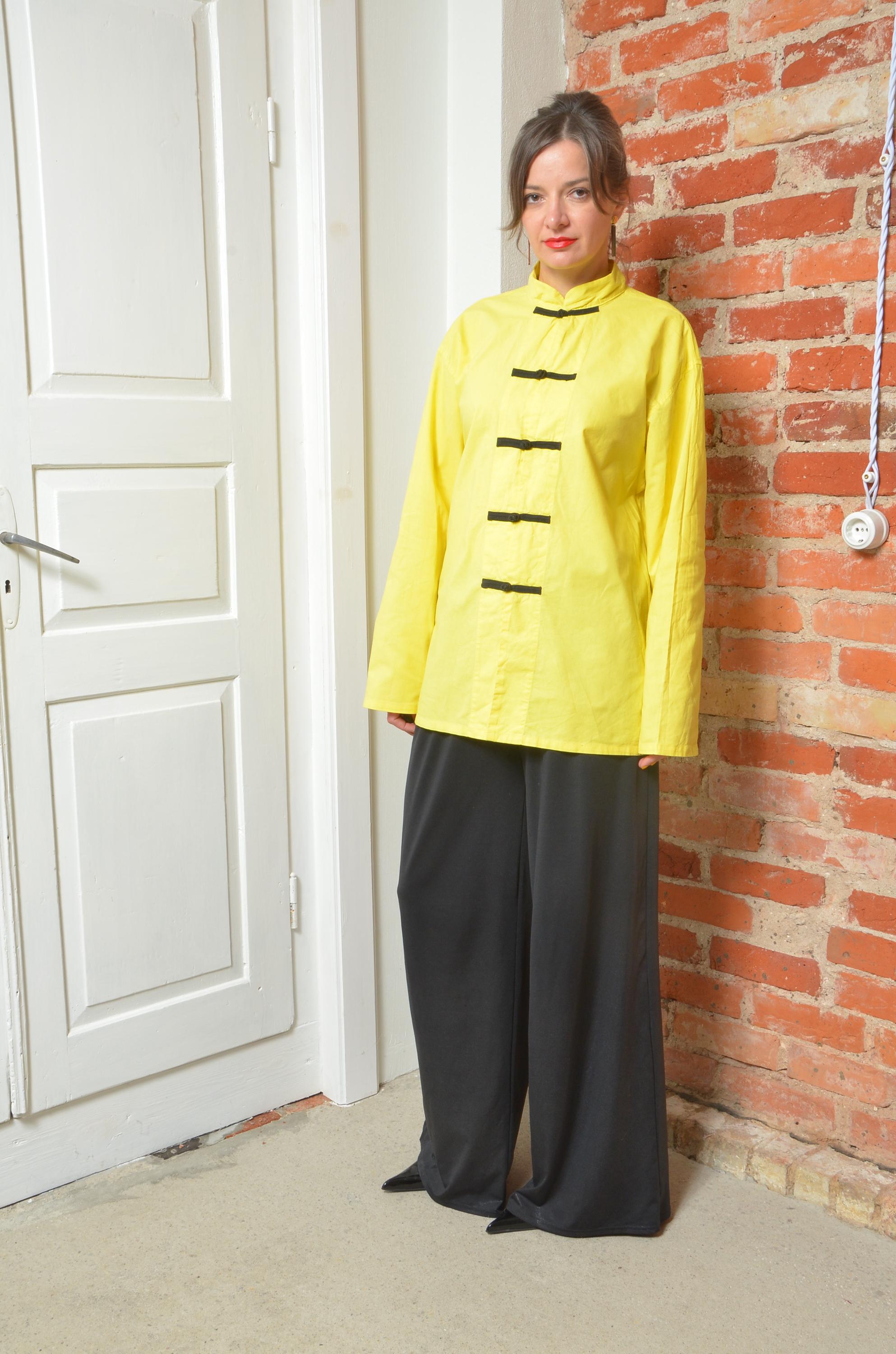 Vintage Yellow Kung Fu Style Jacket With Black Dragon Print – Size