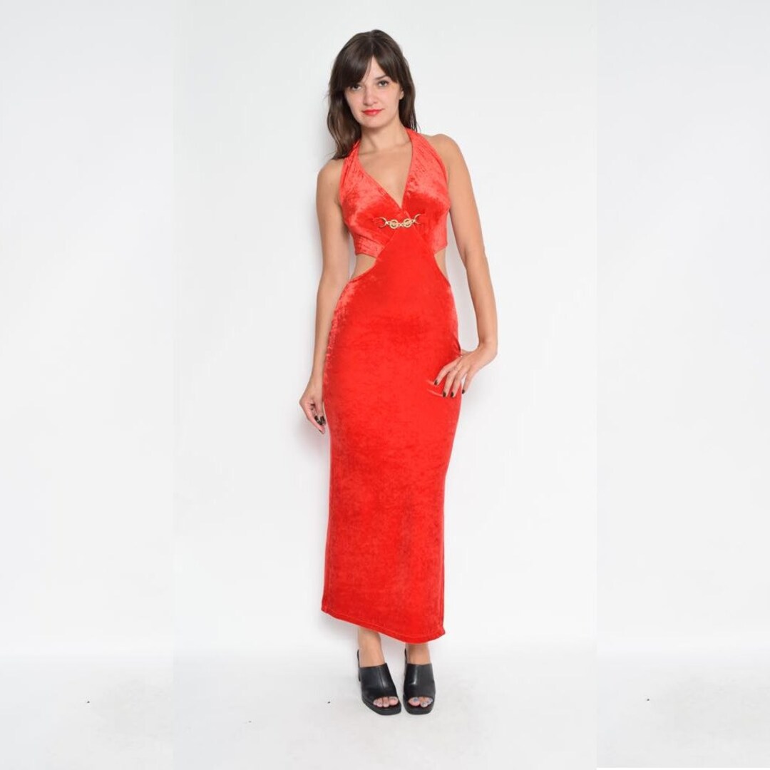 Retro high-end red velvet slit suspender dress main image 1