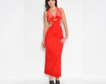 90s Vintage Red Velvet Slit Backless Maxi Dress - Size M