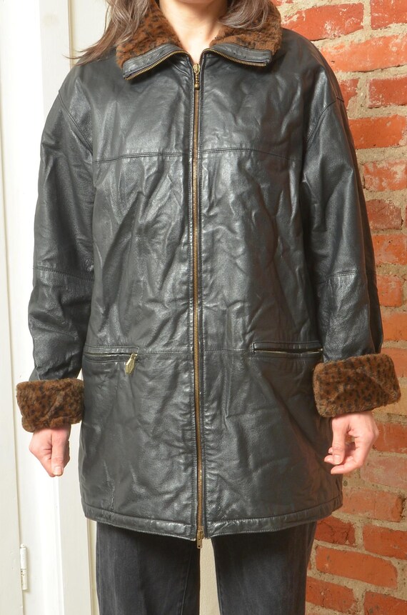 Vintage 90s Kenvelo Black Leather Coat With Faux Fur Lining Zip