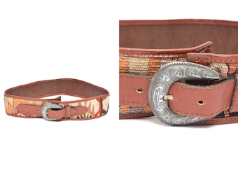 Vintage 90's Wide Brown Leather and Jute Folk Belt with Silver Metal Southwest Style Buckle