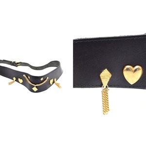 Vintage 90&#39;s Black Leather Belt with Gold Heart and Chain Ornaments 07 20