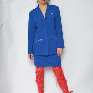 Two Piece Skirt Suit / Vintage 90s Blue Button Pocket Jacket And High Waist Skirt Matching Set Size Medium image 6