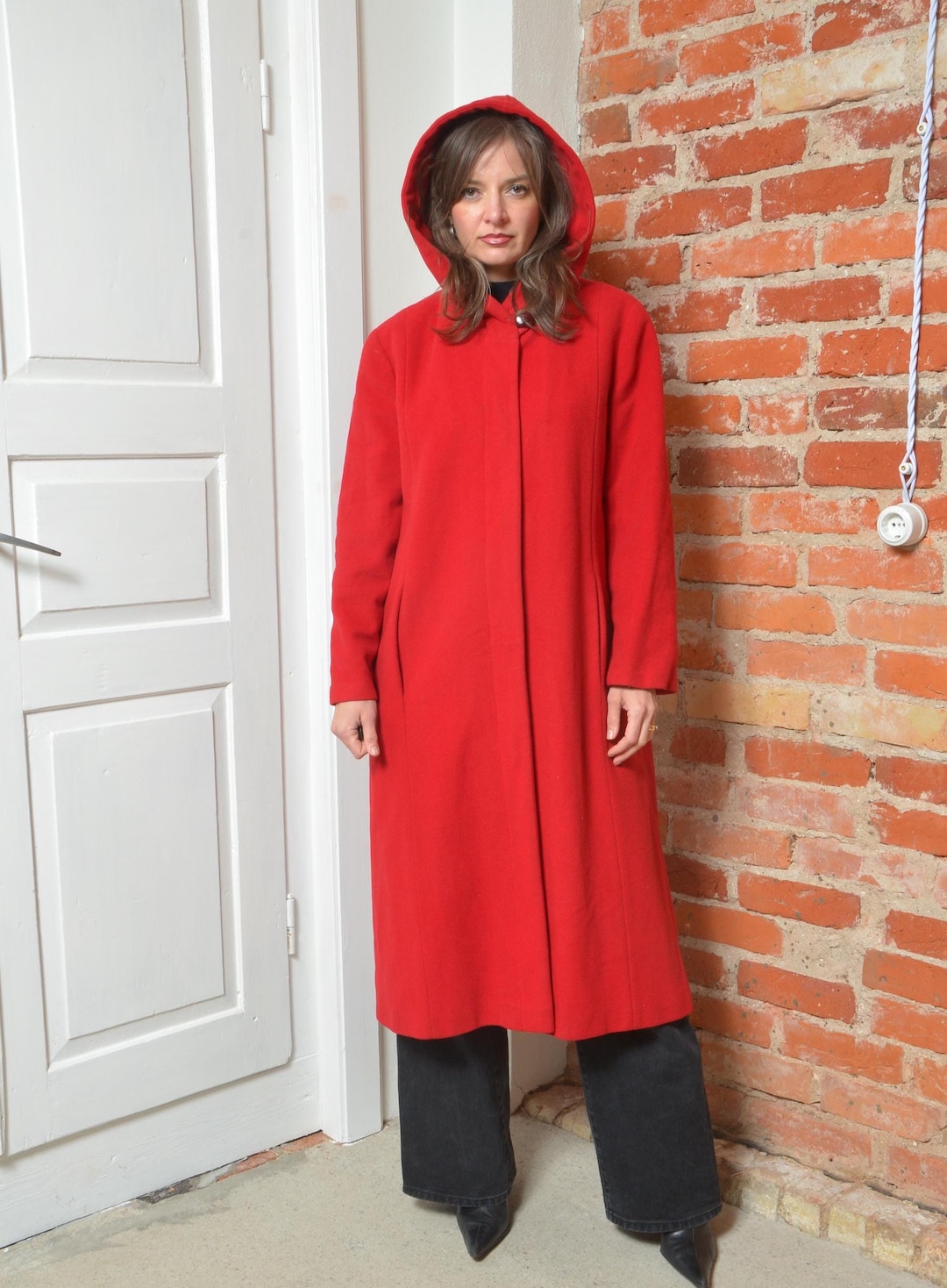 Vintage 80er Jahre roter Woll- Kaschmir-Mantel mit Kapuze – Size
